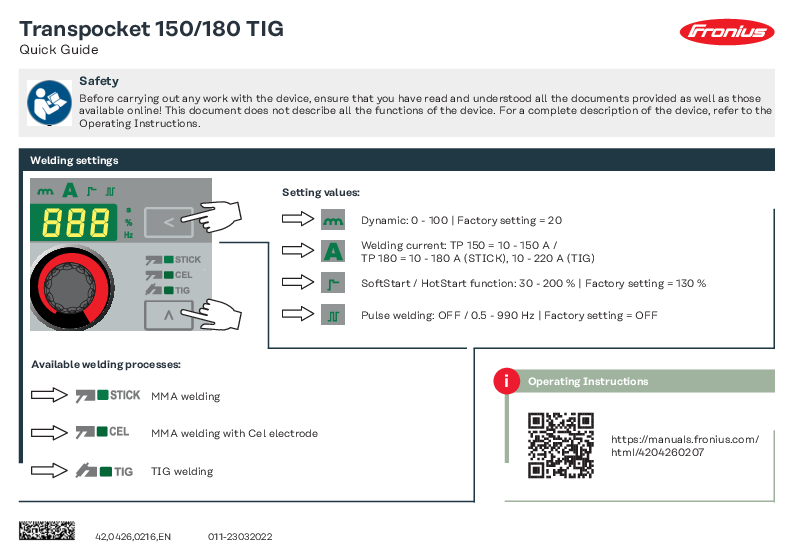 

TransPocket 150 180 TIG Quick Guide

