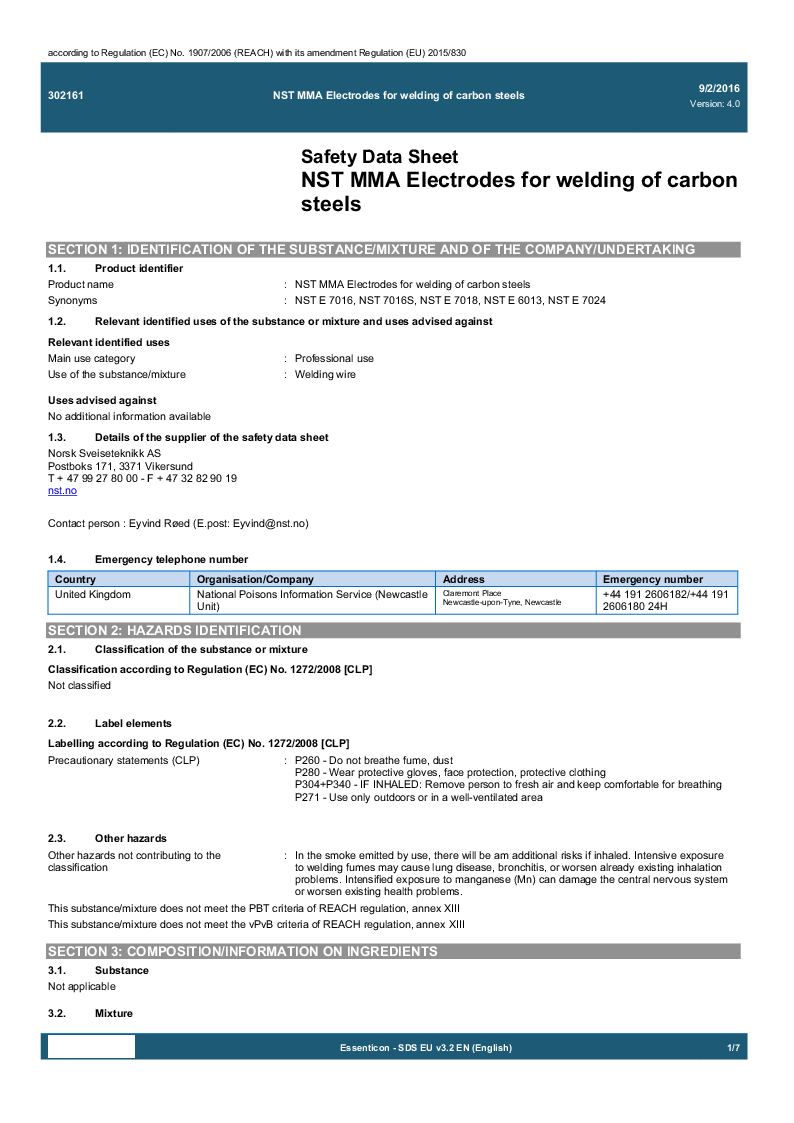

Sikkerhedsdatablad nst mma electrodes for welding of carbon steels gb 2016

