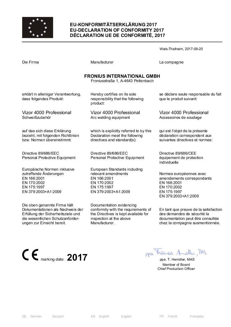 

PW EC Declaration of Conformity Vizor 4000 Professional MULTI

